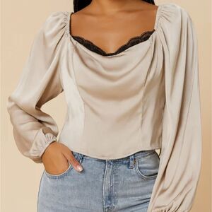 ASTR The Label Long Sleeve Satin Blouse Champagne Beige Medium